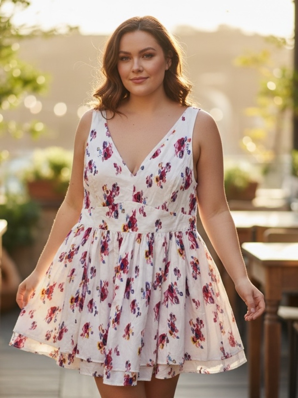 Prabal Gurung White Floral V-Neck Mini Dress with Pink and Red Blossoms